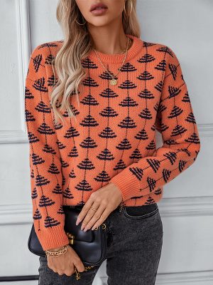 Jacquard Pullover Long Sleeve Loose Round Neck Sweater