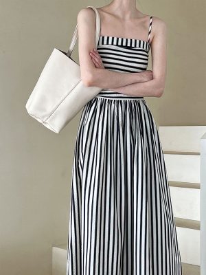 French Striped Bandeau Sling Dress for Women