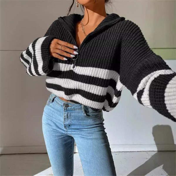 Contrast Stripes Stand Collar Knitted Pullover - Image 4