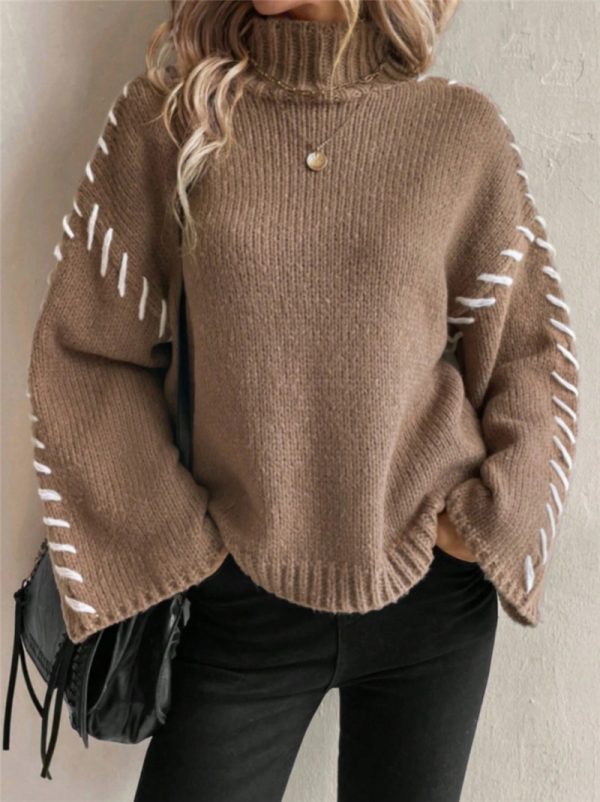 Long Sleeve Casual Loose Knitted Sweater with High Neck & Contrast Color - Image 2