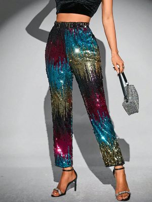 Multi-Color Velvet Sequin High-Waisted Tapered Pants