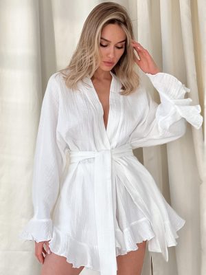 Solid Color Long Sleeve Pajama Set with Ruffled Shorts