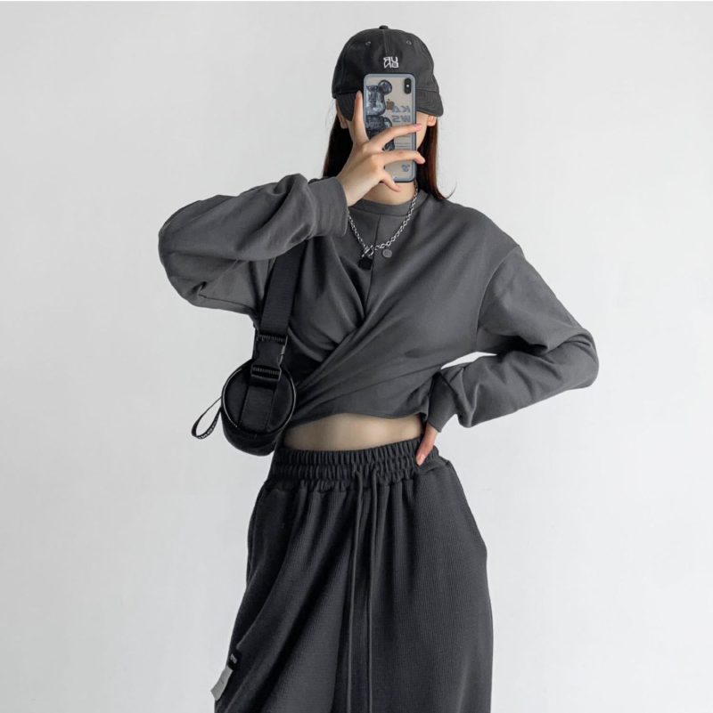 Cotton Cropped Criss-Cross Sweater - Hip Hop Campus Style - Image 2
