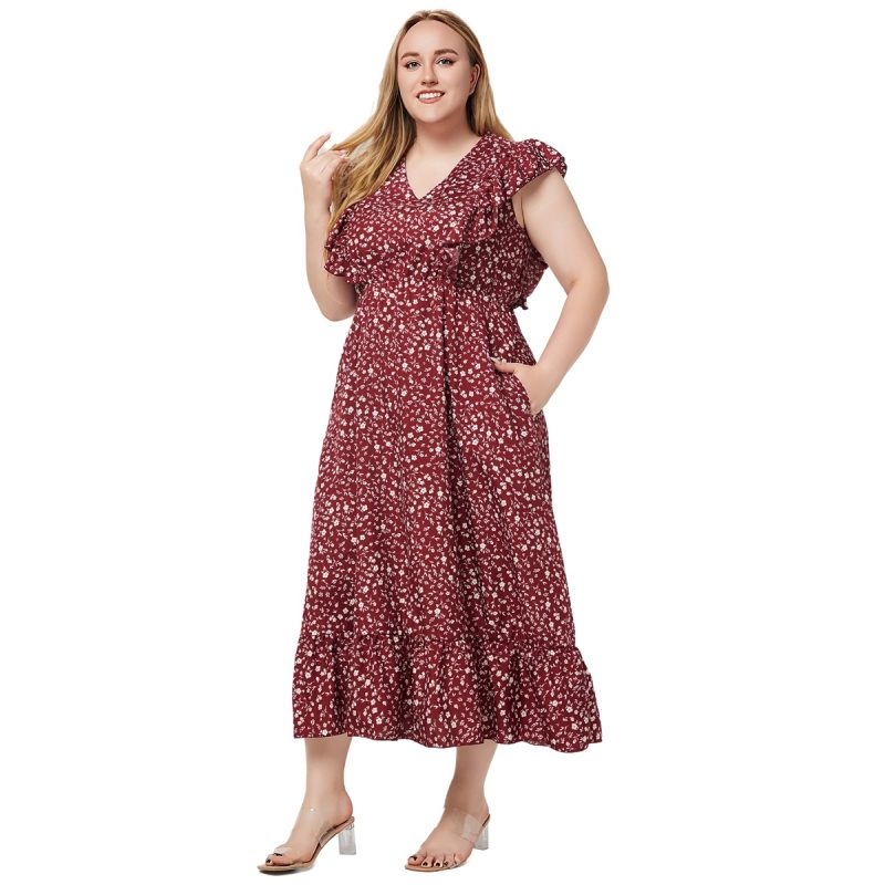 Plus Size Women Clothes Bohemian V Neck Short Sleeve Ruffled Printed Pocket Dress - Image 2