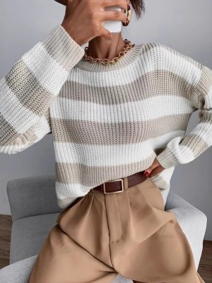 Contrast Color Stripe Knit Sweater – Loose Fit Autumn Winter Knitwear