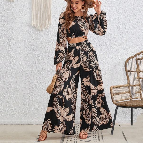 Women’s Tropical Print Back Lace-Up Cutout Top & Wide Leg Pants Set - Image 2