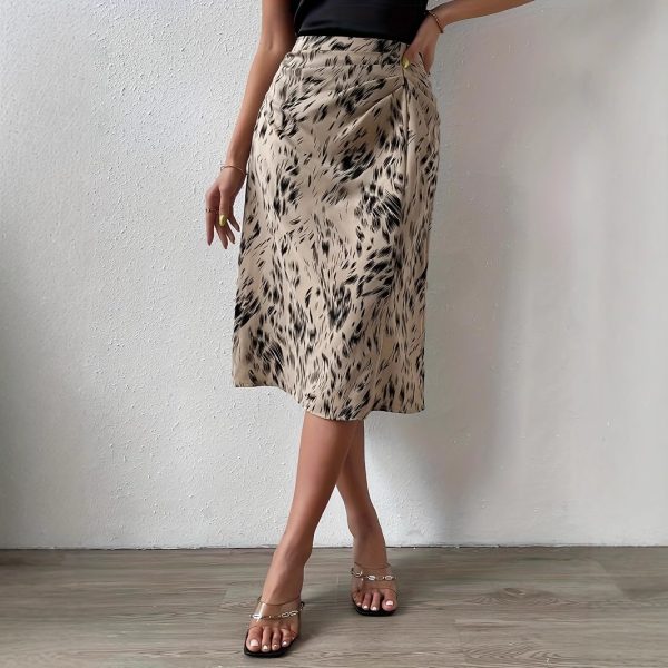 Leopard Print Pleated High Waist Midi Skirt – French Casual Style