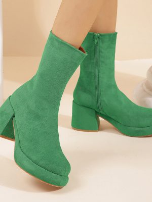 Chunky Heel Suede Martin Boots – Round Toe Side Zipper Boots