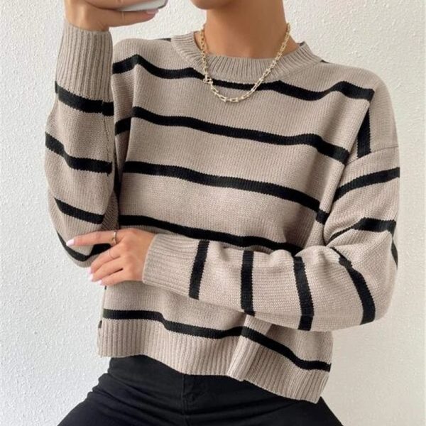 Fall Loose Round Neck Striped Knitted Pullover Sweater for Women - Image 4