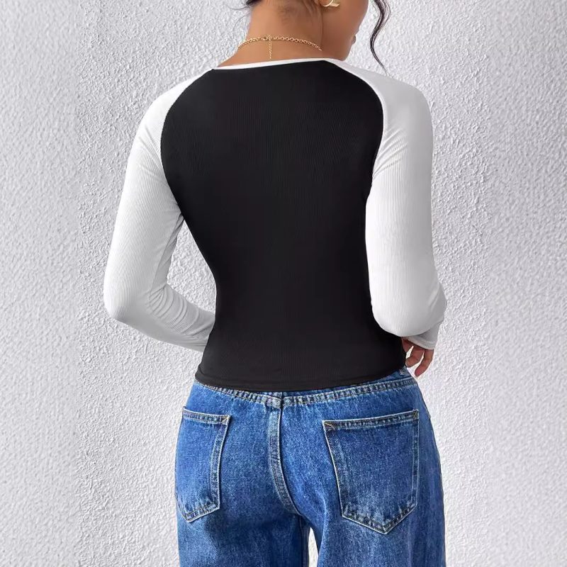 Slim Fit Black & White Contrast Top – Long Sleeve Office Wear - Image 2