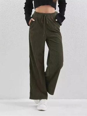 Women’s Casual Retro Solid Color Corduroy Straight Leg Trousers – Elastic Waist