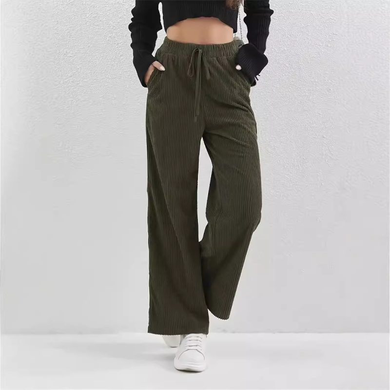 Women’s Casual Retro Solid Color Corduroy Straight Leg Trousers – Elastic Waist
