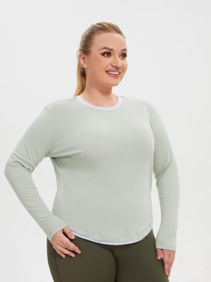 Plus Size Faux Two-Piece Color Block Long Sleeve Yoga Top