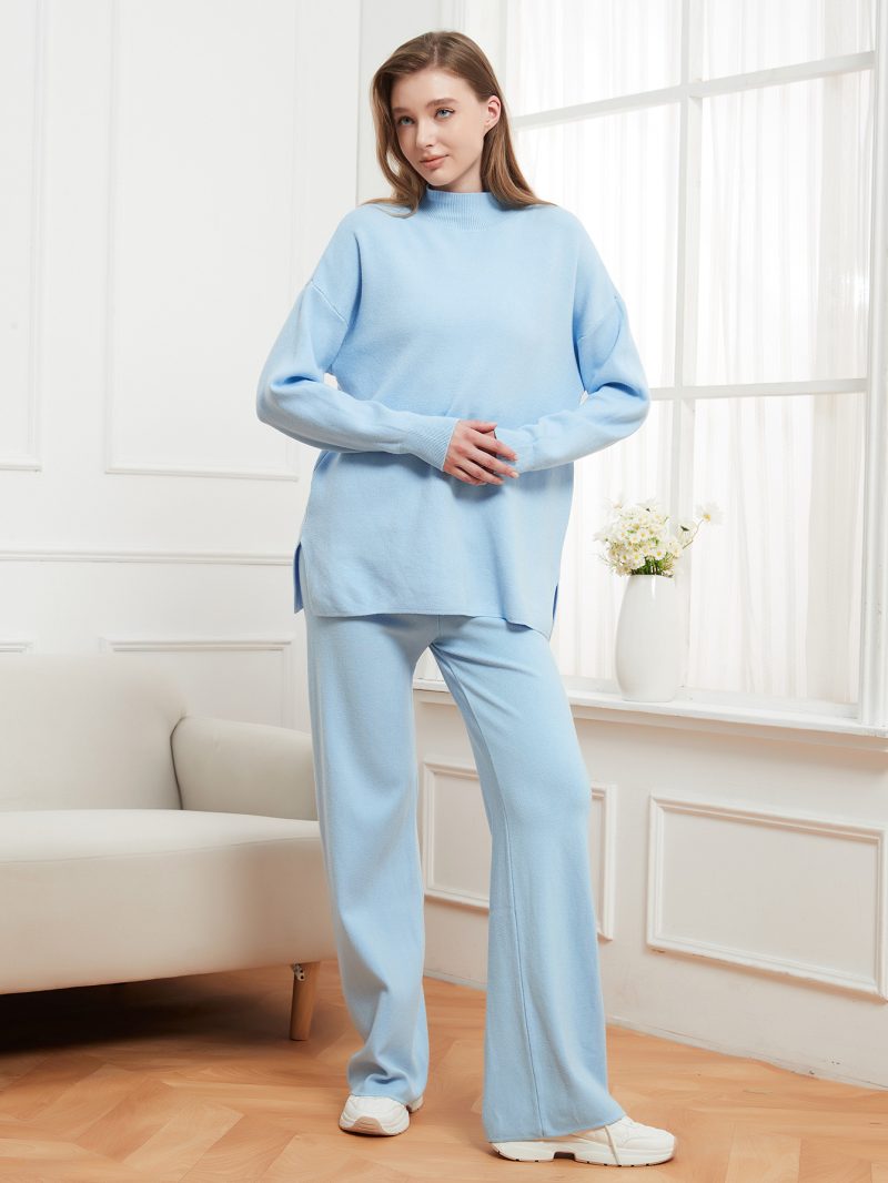 Solid Color Stand Collar Loose Pullover Sweater & Trousers Set - Image 3