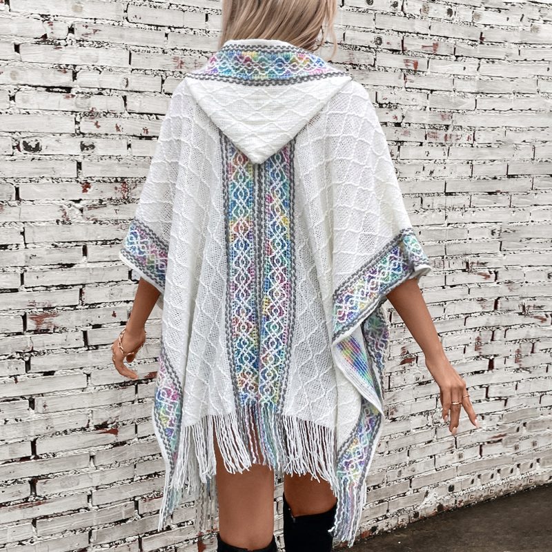 Autumn Winter Ethnic Knitted Hooded Tassel Cape Sweater Shawl for Women - Image 2