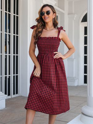 Women’s Casual Color-Contrast Check Lacing Mid-Length Dress