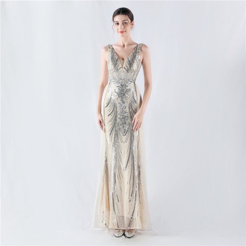 Floral Sequin Beaded Back Cloak Evening Dress for Events - Image 3