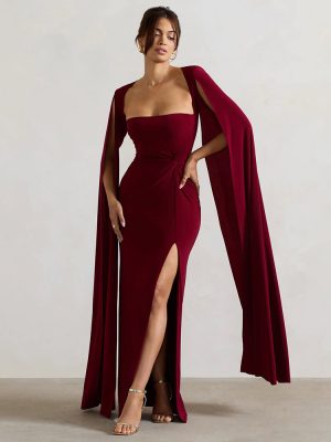 Square Collar Long Sleeve High Slit Solid Color Sexy Dress