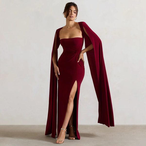 Square Collar Long Sleeve High Slit Solid Color Sexy Dress