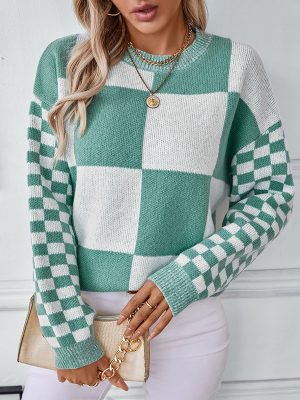 Contrast Color Check Pullover Knitted Sweater Women Autumn Winter