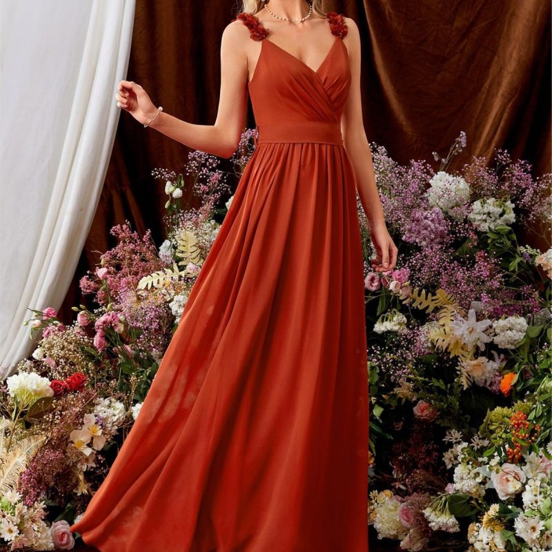 V-Neck Lace Pleated Backless Evening Dress
