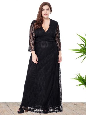 Plus Size V-Neck Evening Maxi Dress with Lace & Hollow-Out Design