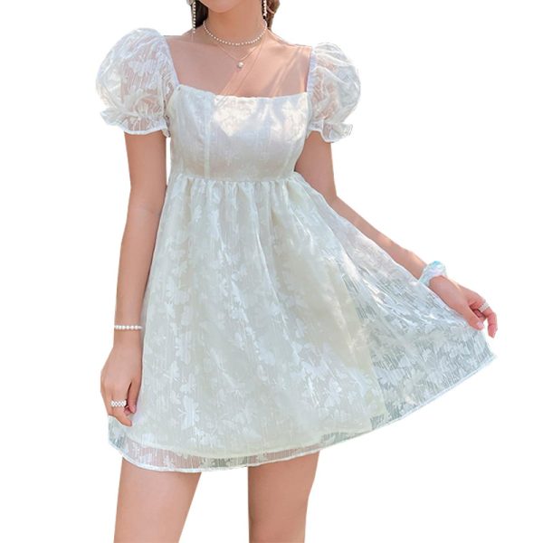 White Puff Sleeve High Waist Dress - Image 5