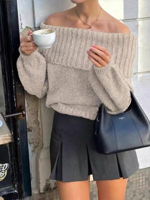 Off Shoulder Slim Fit Lantern Sleeve Solid Color Knitted Sweater