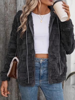 Fall Winter Double-Sided Plush Zipper Hooded Cardigan Casual Coat for Women