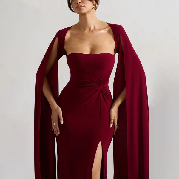 Square Collar Long Sleeve High Slit Solid Color Sexy Dress - Image 3