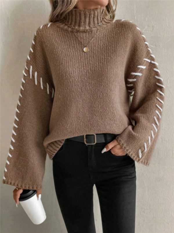 Long Sleeve Casual Loose Knitted Sweater with High Neck & Contrast Color - Image 3