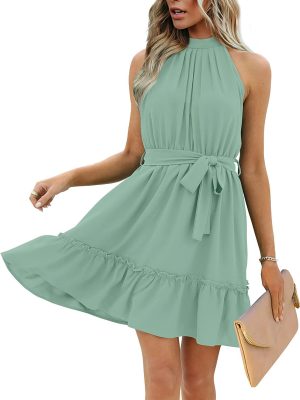 Women’s Casual Sleeveless Wooden Ear Swing Dress with Waist Tie