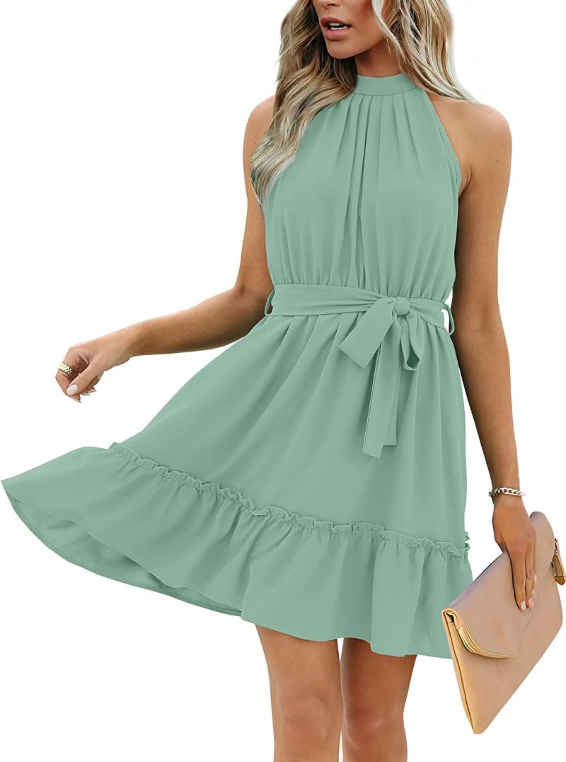 Women's Casual Sleeveless Wooden Ear Swing Dress with Waist Tie