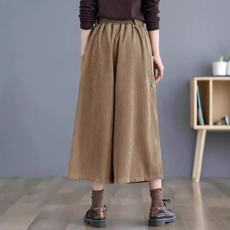 Autumn Winter Cropped Wide Leg Corduroy Pants with Pockets & Belt - Image 3