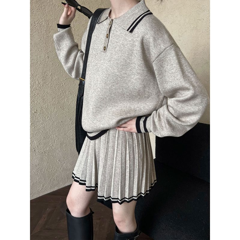 College Polo Collar Sweater with High Waist Pleated Half-Length Skirt Set for Women - Image 3
