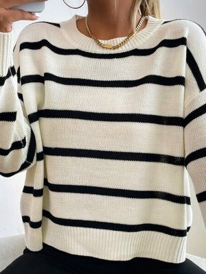 Fall Loose Round Neck Striped Knitted Pullover Sweater for Women