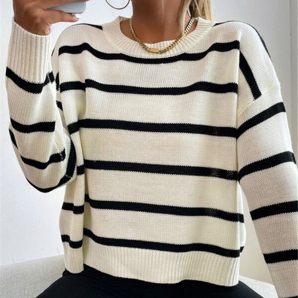 Fall Loose Round Neck Striped Knitted Pullover Sweater for Women