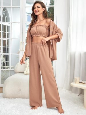 Women’s 3-Piece Solid Color Cardigan Pajama Set for All Seasons