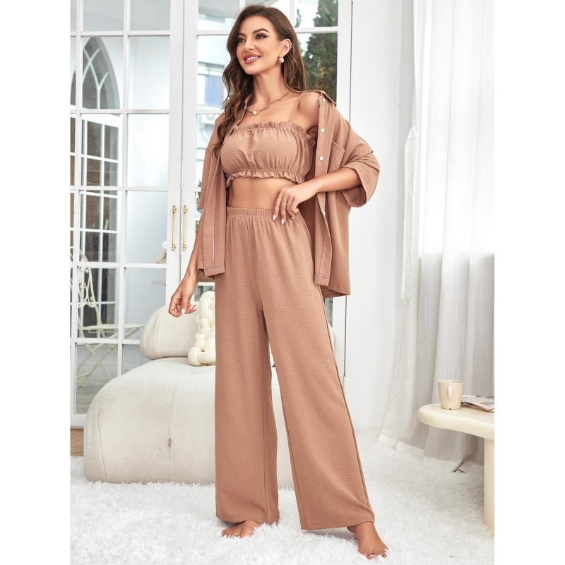 Women’s 3-Piece Solid Color Cardigan Pajama Set for All Seasons