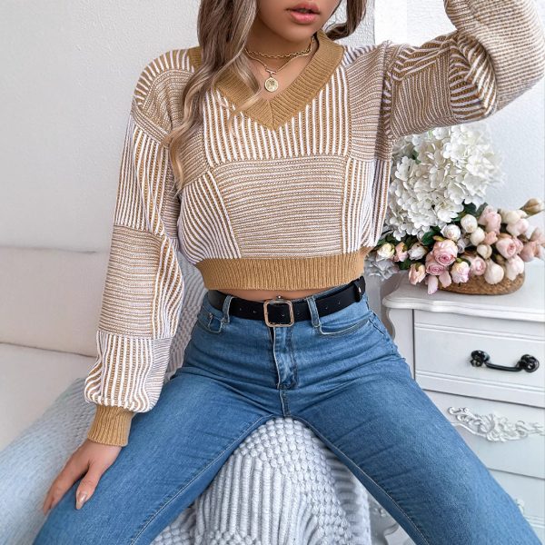 Striped Lantern Sleeve Cropped Pullover Sweater for Women - Image 4