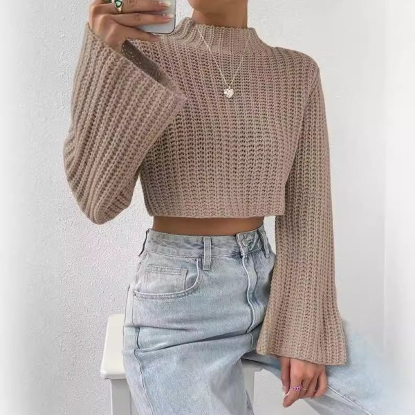 Solid Color High Waist Short Bell Sleeve Half Turtleneck Pullover - Image 3