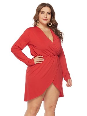 Plus Size Women Spring Autumn Long Sleeve V Neck Split Dress