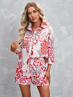 Women’s Printed 3/4 Sleeve Casual Shorts Suit