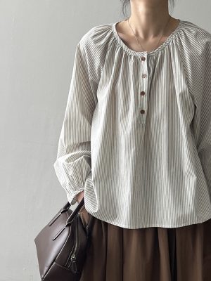 Women’s French Vintage Stripe Round Neck Autumn Shirt