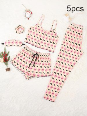 Women’s Cute Animal Print 5-Piece Spring & Autumn Homewear Set