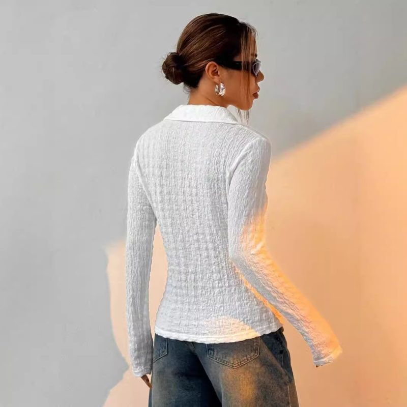 Elegant Solid Color Textured Blouse – Long Sleeve Top for Women - Image 2