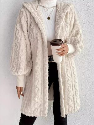 Popular Hooded Double Sided Plush Cuff Thread Long Coat for Women