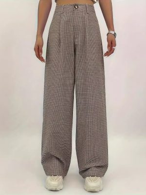 Spring Autumn High Waist Plaid Straight Leg Wide Leg Pants – Loose Casual