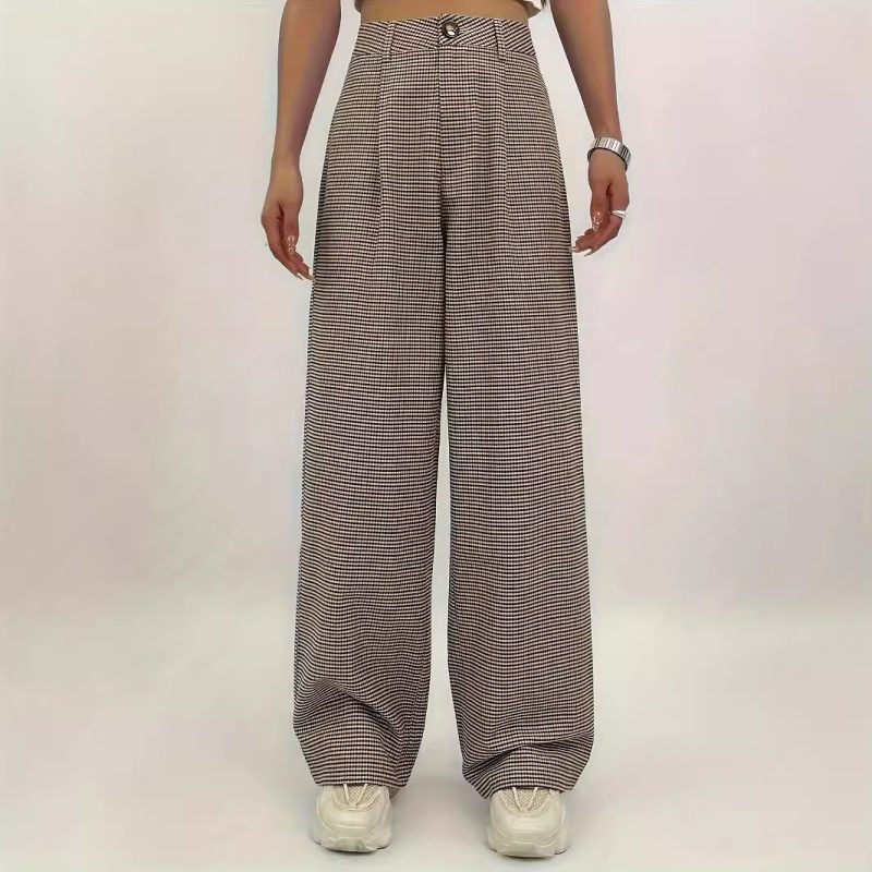 Spring Autumn High Waist Plaid Straight Leg Wide Leg Pants – Loose Casual