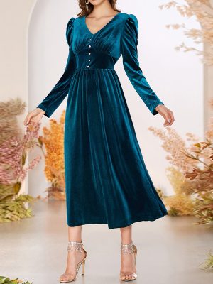 Elegant French Hepburn Velvet Long Dress – Autumn Winter Luxury